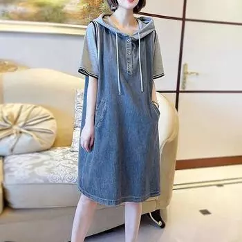Летнее женское модное и повседневное свободное джинсовое лоскутное платье средней длины XXXXL джинсовый синий