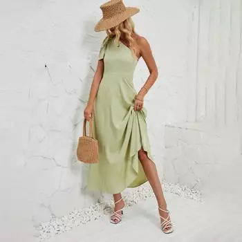 Летнее женское модное однотонное платье длиной до щиколотки на одно плечо с бантом S темно-синий