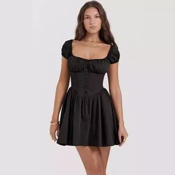 Летнее женское модное однотонное плиссированное платье длиной до колена с квадратным вырезом S чёрный