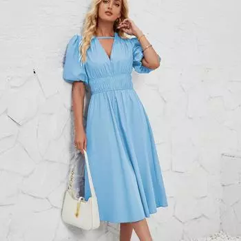 Летнее женское модное однотонное плиссированное платье с коротким рукавом длиной до щиколотки без бретелек S темно-синий