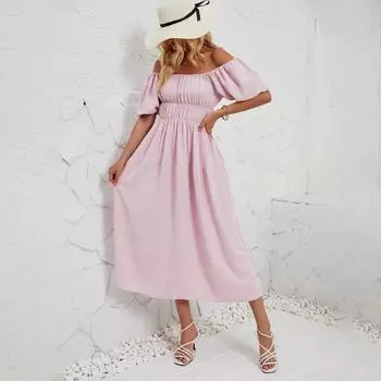 Летнее женское модное однотонное плиссированное платье без бретелек длиной до щиколотки с v-образным вырезом S тёмно-синий