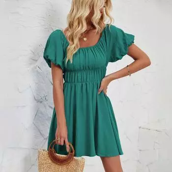 Летнее женское модное однотонное плиссированное платье мини-длины с короткими рукавами S темно-синий