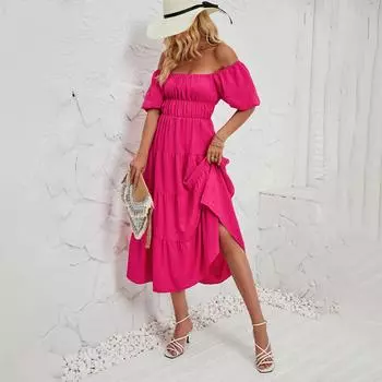 Летнее женское модное однотонное плиссированное платье с коротким рукавом и квадратным щиколотком без бретелек S розы красного