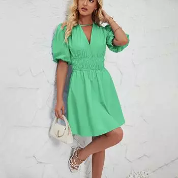 Летнее женское модное однотонное плиссированное платье мини-длины с короткими рукавами S светло-синий