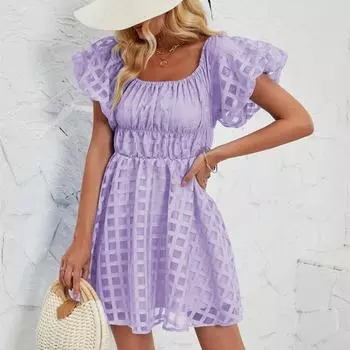 Летнее женское модное однотонное плиссированное платье мини-длины с короткими рукавами S светло-фиолетовый