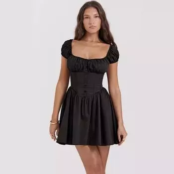 Летнее женское модное однотонное плиссированное платье длиной до колена с квадратным вырезом S чёрный