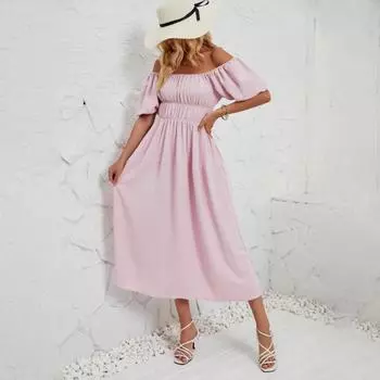 Летнее женское модное однотонное плиссированное платье без бретелек длиной до щиколотки с v-образным вырезом S розовый