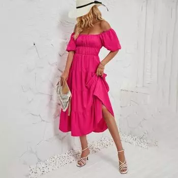 Летнее женское модное однотонное плиссированное платье с коротким рукавом и квадратным щиколотком без бретелек S розы красного