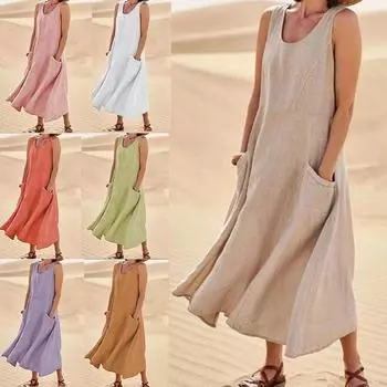 Летнее женское модное однотонное свободное платье, повседневное хлопково-льняное топ без рукавов, крутое пляжное платье с круглым вырезом S