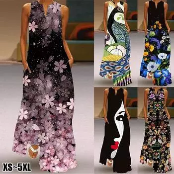 Летнее женское модное платье без рукавов с принтом, длинное платье с v-образным вырезом, пляжное платье, праздничное платье, платье макси, богемное платье XXXXXL
