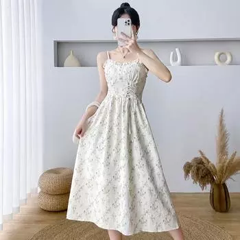 Летнее женское модное платье без рукавов с цветочным принтом, кружевное длинное платье, платье на подтяжках XL синий