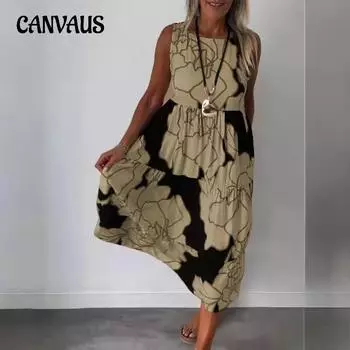 Летнее женское модное платье без рукавов с принтом и завязками S красный