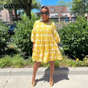 Летнее женское модное платье больших размеров в свежий горошек, свободное плиссированное платье с круглым вырезом и средними рукавами S жёлтый
