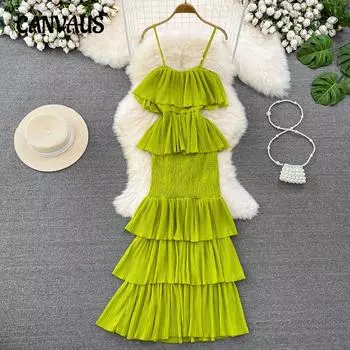 Летнее женское модное платье на подтяжках, милое платье с открытой спиной и высокой талией, асимметричное платье-торт, пляжное платье для отдыха на море One Size оранжевый