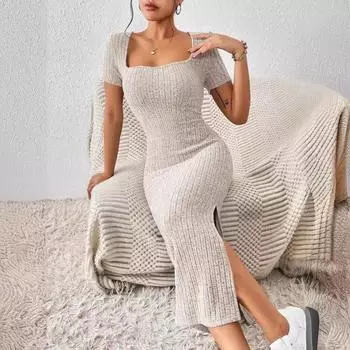 Летнее женское модное платье с квадратным воротником, сексуальное, облегающее, с разрезом на ягодицах S светло-серый