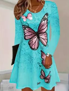 Летнее женское модное платье с принтом бабочек, повседневное платье с круглым вырезом, свободное платье, женская одежда S белый