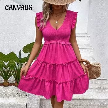 Летнее женское модное платье с v-образным вырезом без рукавов, тонкие однотонные платья S розы красного