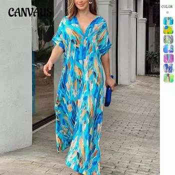 Летнее женское модное платье с высокой талией и короткими рукавами с принтом, женская длинная юбка S синий