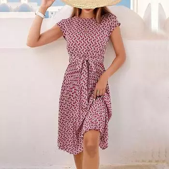 Летнее женское модное плиссированное платье с принтом и поясом S зелёный