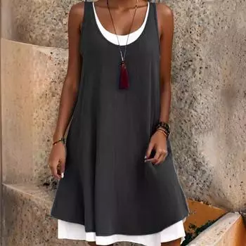 Летнее женское модное повседневное платье-жилет без рукавов многослойного свободного кроя S чёрный