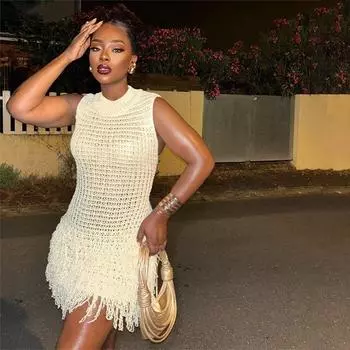 Летнее женское модное сексуальное безрукавное платье с вырезом и бахромой, элегантное, в стиле пэчворк S абрикосовый
