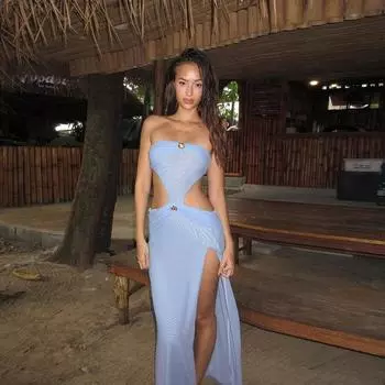 Летнее женское модное сексуальное однотонное платье с пуговицами и разрезом в стиле пэчворк S синий