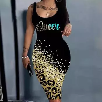 Летнее женское модное сексуальное платье с запахом и принтом, юбка с лямкой на шее S золотой/чёрный
