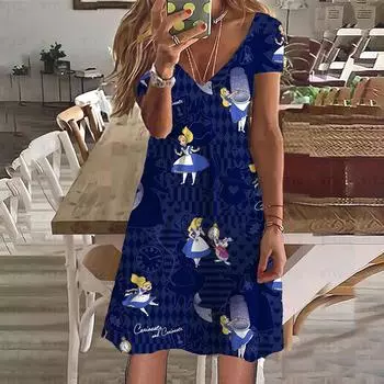 Летнее женское новое платье Disney Princess Alice In Wonderland Print V-образный вырез с коротким рукавом Женская одежда Повседневный уличный стиль S