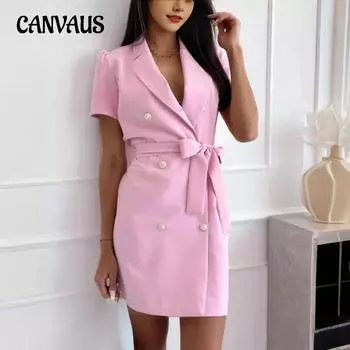 Летнее женское облегающее двубортное платье с V-образным вырезом и короткими рукавами S розовый