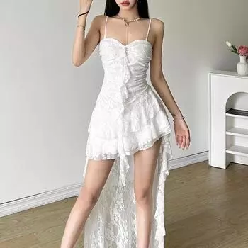 Летнее женское облегающее однотонное уличное платье с высокой талией и бретелькой через шею S белый