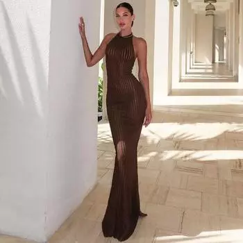 Летнее женское облегающее платье без рукавов с короткими рукавами, детское однотонное элегантное платье S коричневый