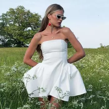 Летнее женское однотонное элегантное платье с юбкой на груди и высокой талией в складку S белый