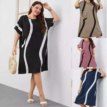 Летнее женское однотонное карманное платье с принтом, свободное платье миди с круглым вырезом и короткими рукавами, повседневное рабочее платье для отдыха, дышащее удобное платье большого размера XL чёрный