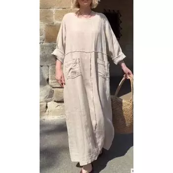 Летнее женское однотонное платье с круглым вырезом из хлопка и льна с длинным рукавом и повседневными складками и двухсторонними карманами S бежевый
