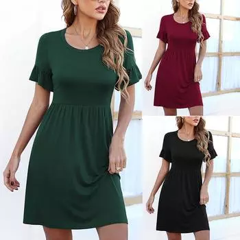 Летнее женское однотонное платье с высокой талией, женское мини-платье с короткими рукавами и рюшами S чёрный