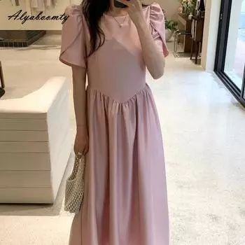 Летнее женское однотонное платье трапециевидной формы в корейском стиле с круглым вырезом розовое, черное, бежевое, повседневное свободное платье миди с пышными рукавами