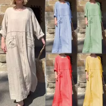 Летнее женское однотонное повседневное платье из хлопка и льна с круглым вырезом, длинными рукавами, плиссировкой и двумя карманами XXXXXL чёрный