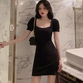Летнее женское однотонное женское платье с квадратным воротником и короткими рукавами, дикое повседневное сексуальное платье чёрный