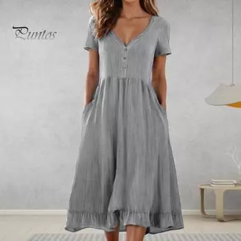 Летнее женское платье А-силуэта со складками и свободным подолом, однотонное платье с рюшами и короткими рукавами, V-образным вырезом, дышащими карманами на пуговицах, пляжное платье миди для отдыха L серый
