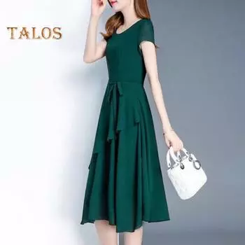 Летнее женское платье А-силуэта в стиле пэчворк с короткими рукавами и круглым вырезом, со шнуровкой на талии, однотонное платье для свиданий, вечеринок, поездок на работу L зелёный