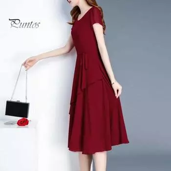 Летнее женское платье А-силуэта в стиле пэчворк с короткими рукавами и круглым вырезом, со шнуровкой на талии, однотонное платье для свиданий, вечеринок, поездок на работу L вино красного