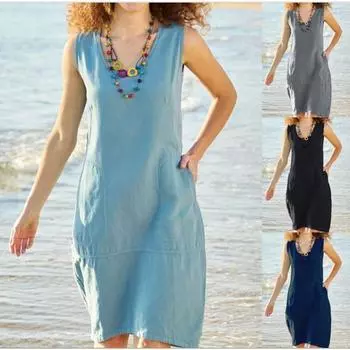 Летнее женское платье, аккуратного цвета, из хлопка и льна, с U-образным воротником, без рукавов, с карманами, средней длины S белый