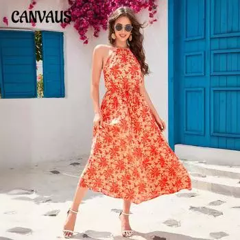 Летнее женское платье без бретелек с подвеской на шее и лямкой на бретельках, праздничные платья-качели S оранжевый