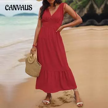 Летнее женское платье без рукавов. Элегантные женские длинные платья с открытой спиной в отпускном стиле. S красный
