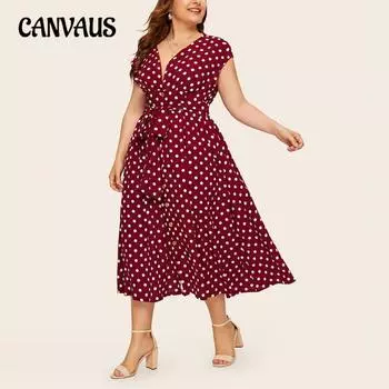 Летнее женское платье без рукавов, платье больших размеров в горошек, платье с v-образным вырезом на пуговицах и завязкой на талии