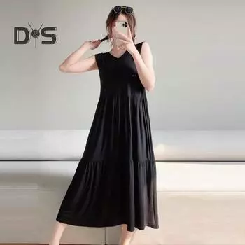 Летнее женское платье без рукавов, плиссированное лоскутное платье-миди с V-образным вырезом, сплошной цвет, свободный пуловер, платье миди длиной до середины икры 2XL легкие хаки