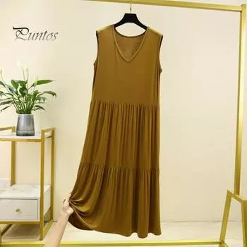 Летнее женское платье без рукавов, плиссированное лоскутное платье-миди с V-образным вырезом, сплошной цвет, свободный пуловер, платье миди длиной до середины икры 2XL легкие хаки