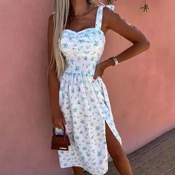 Летнее женское платье без рукавов с цветочным принтом, пляжное вечернее платье с разрезом, сексуальный повседневный сарафан на шнуровке с открытой спиной и без бретелек XXXL белый