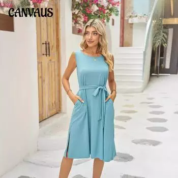 Летнее женское платье без рукавов с поясом и вставкой с карманом и разрезом средней длины, жилет, платья S бордовый