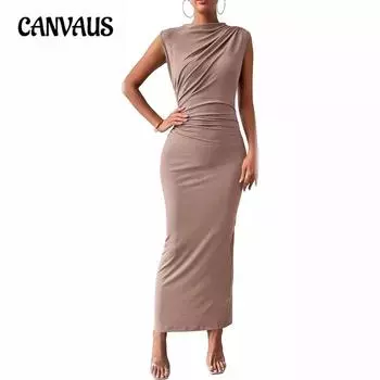 Летнее женское платье без рукавов с разрезом сзади и плиссированными узкими платьями S чёрный